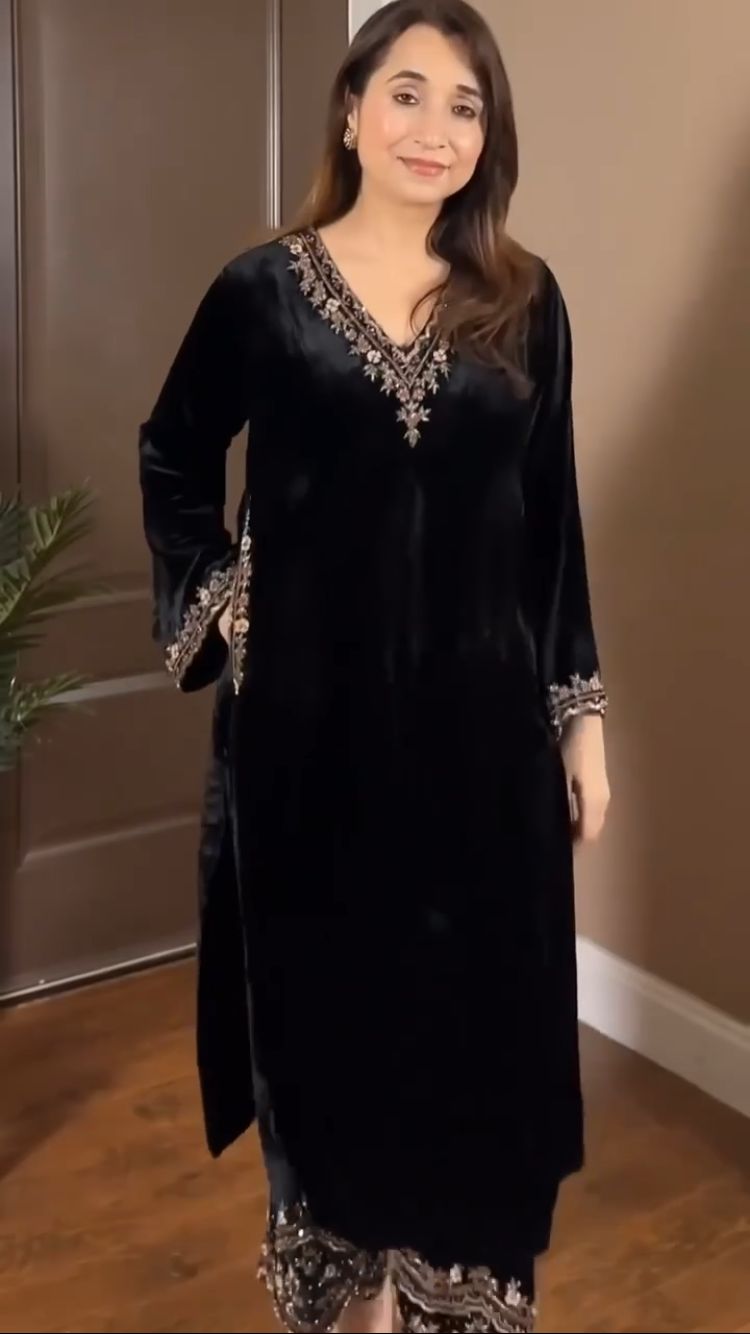 Premium Viscose Velvet Fancy Suit Set for Women – Designer Embroidered Kurta & Velvet Pants | Festive & Party Wear | Avishkar Culture