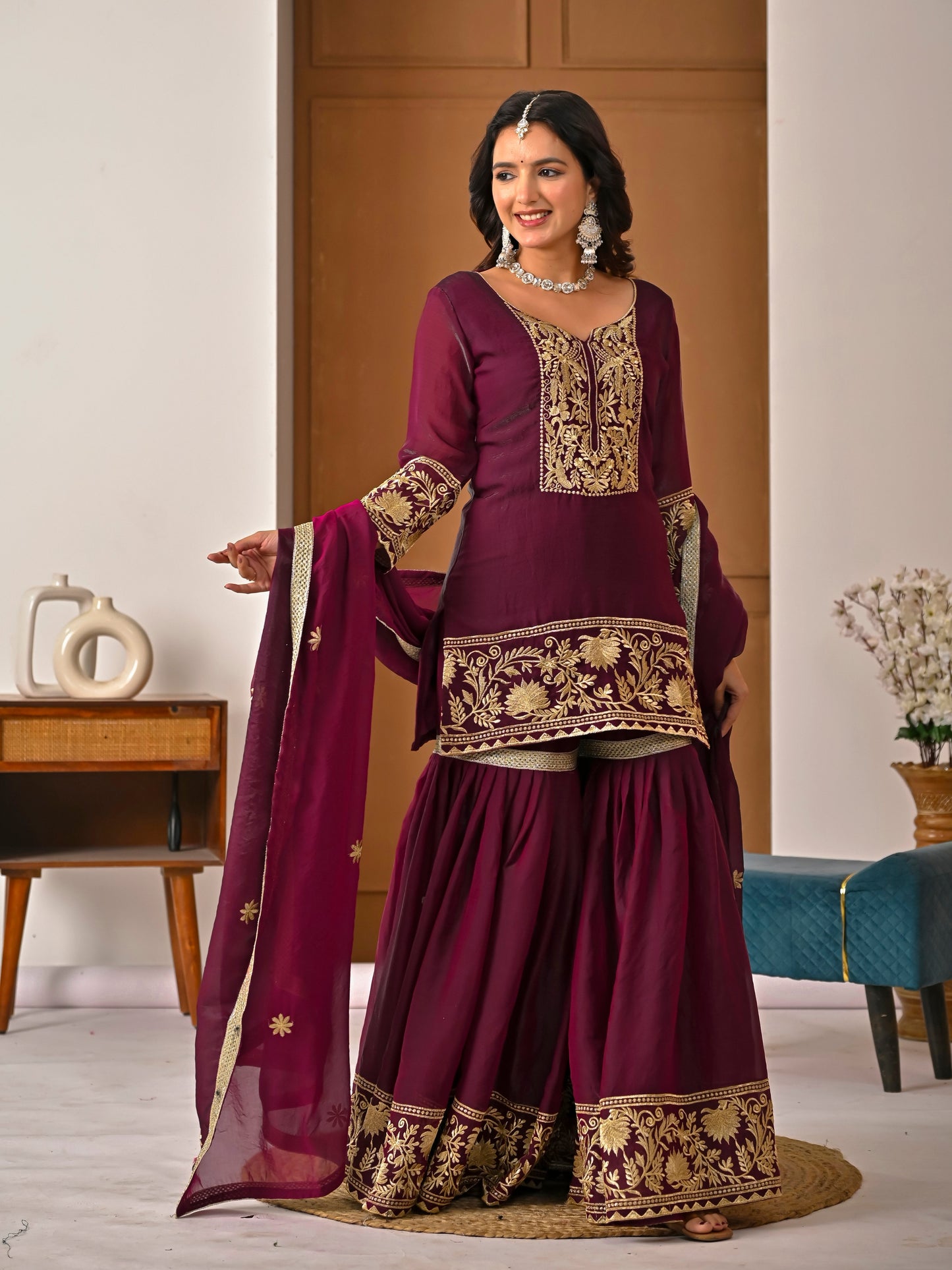 Wine Color Embroidered Fendy Silk Sharara Set | Avishkar Culture