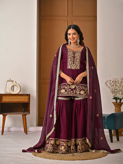 Wine Color Embroidered Fendy Silk Sharara Set | Avishkar Culture