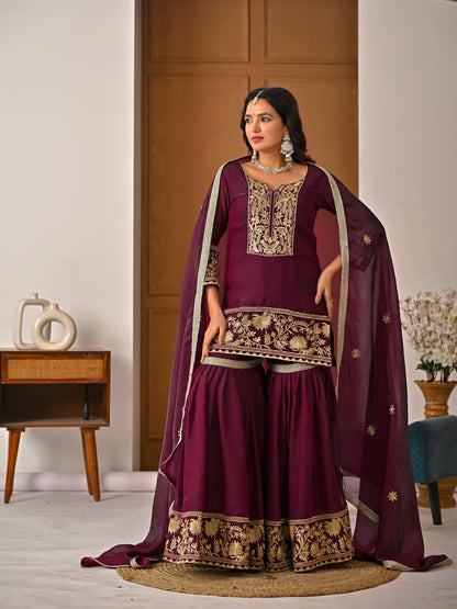 Wine Color Embroidered Fendy Silk Sharara Set | Avishkar Culture