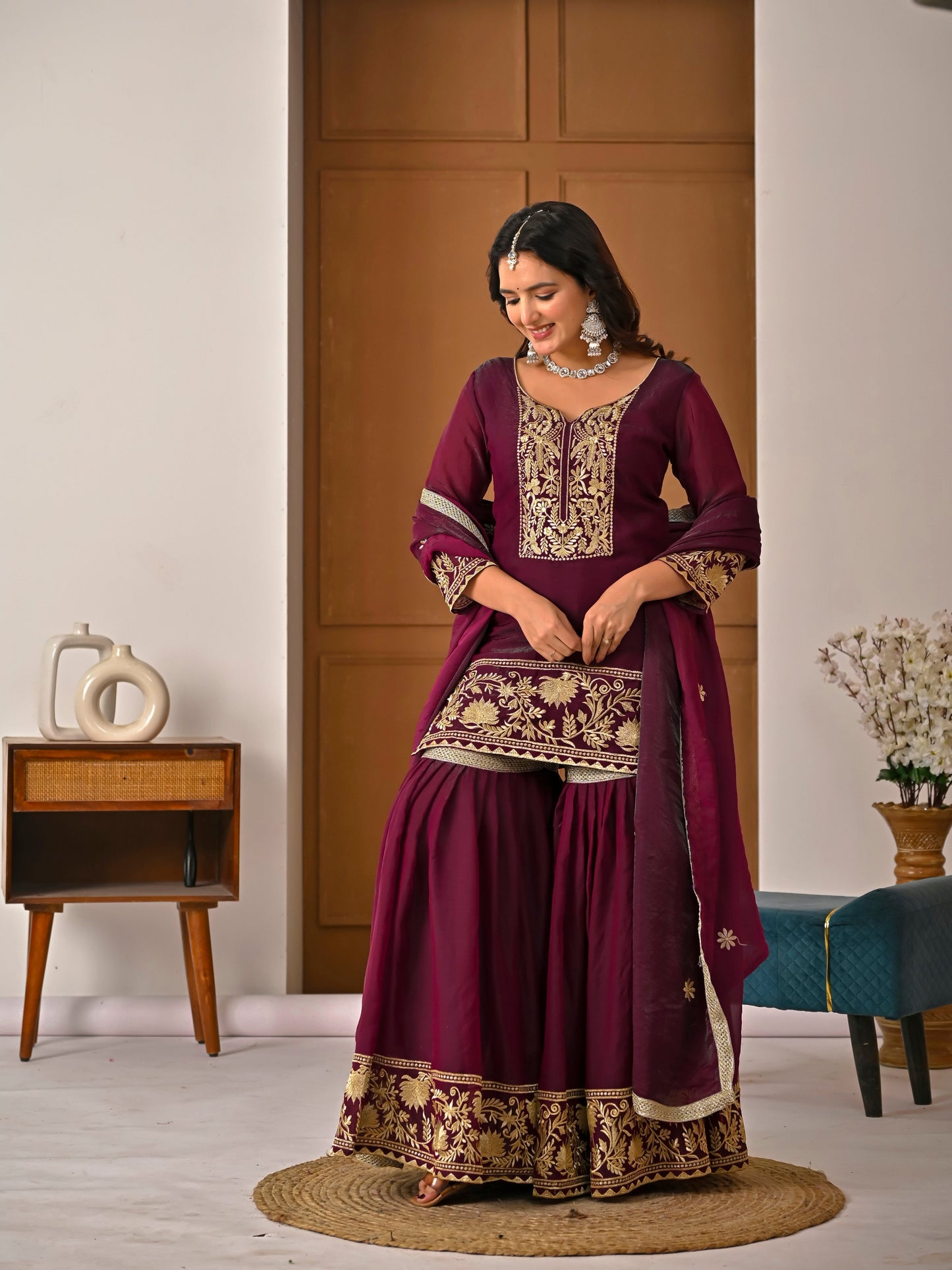 Wine Color Embroidered Fendy Silk Sharara Set | Avishkar Culture
