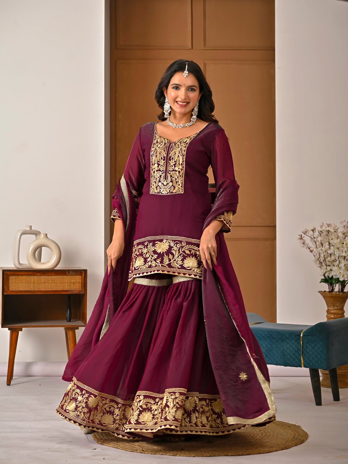 Wine Color Embroidered Fendy Silk Sharara Set | Avishkar Culture