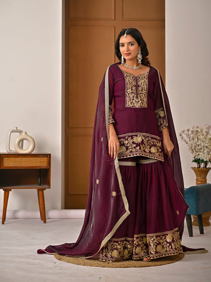 Wine Color Embroidered Fendy Silk Sharara Set | Avishkar Culture