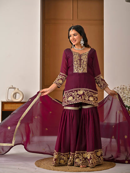 Wine Color Embroidered Fendy Silk Sharara Set | Avishkar Culture