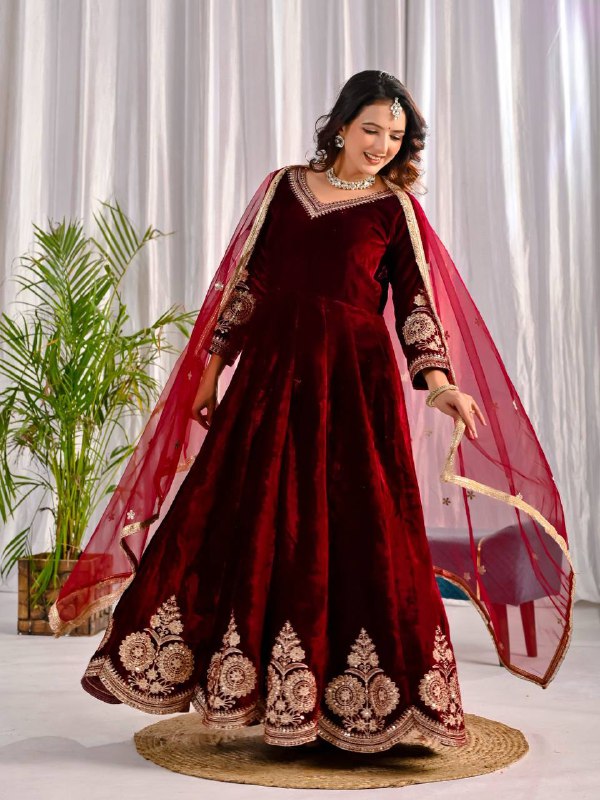Premium Velvet Embroidered Anarkali Suit – Avishkar CUlture