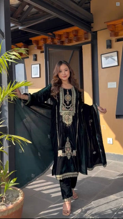 Designer Velvet Embroidered Suit Set with Heavy Coding Sequence Work | Premium Festive Wear for Women