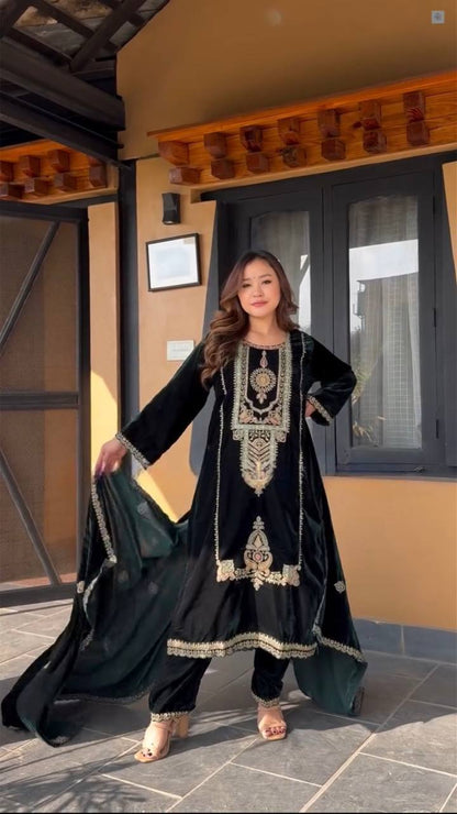 Designer Velvet Embroidered Suit Set with Heavy Coding Sequence Work | Premium Festive Wear for Women