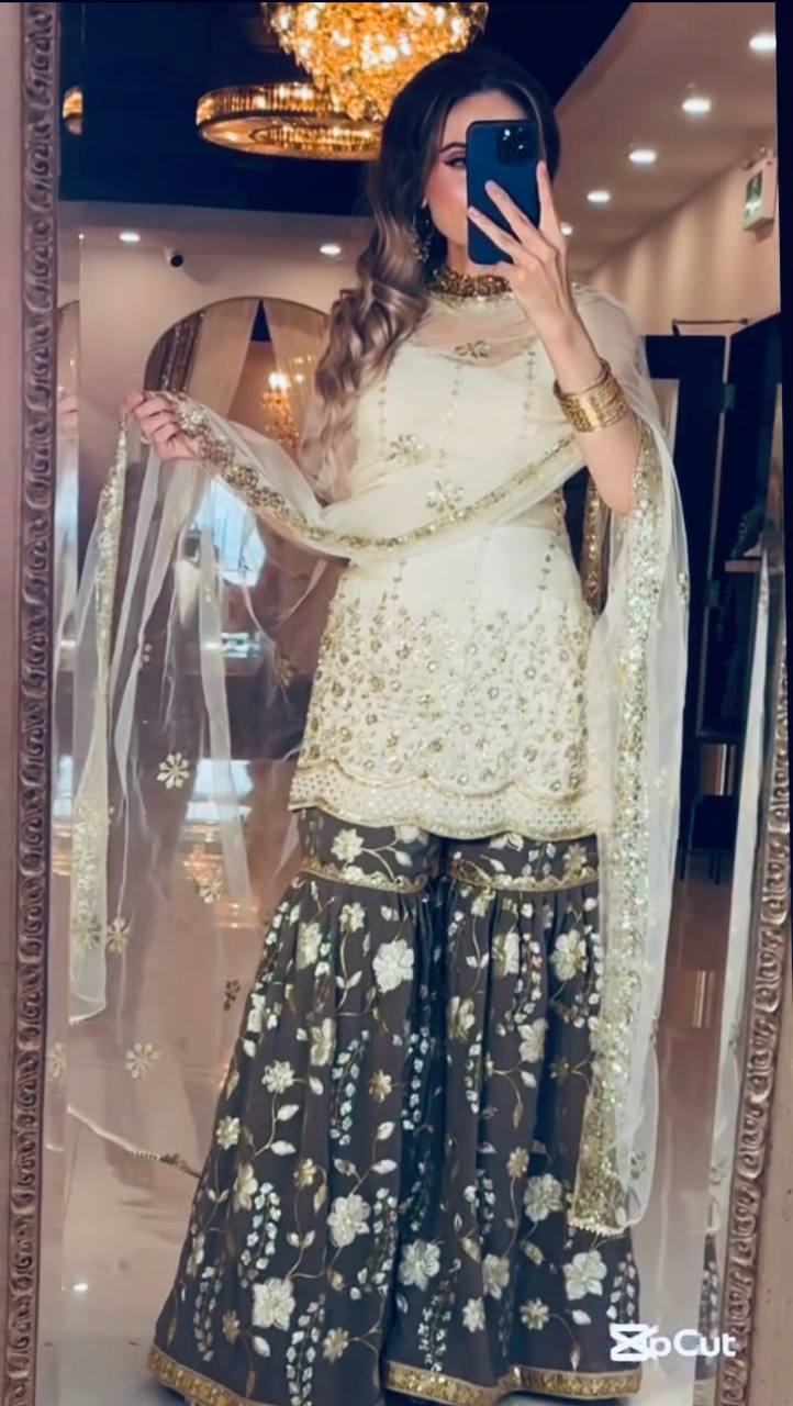 Premium Chinnon Silk Heavy Embroidery Sharara Set for Women | Wedding & Festive Wear | Full Stitched | Dupatta Included