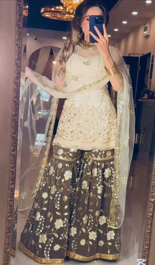 Premium Chinnon Silk Heavy Embroidery Sharara Set for Women | Wedding & Festive Wear | Full Stitched | Dupatta Included