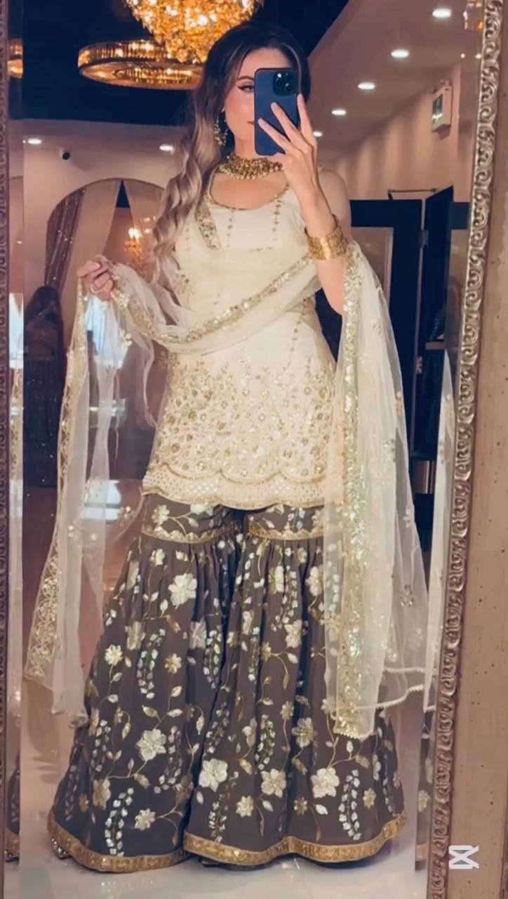 Premium Chinnon Silk Heavy Embroidery Sharara Set for Women | Wedding & Festive Wear | Full Stitched | Dupatta Included