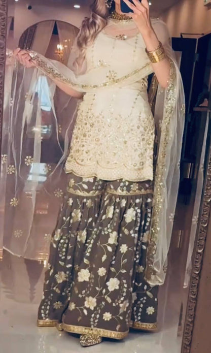 Premium Chinnon Silk Heavy Embroidery Sharara Set for Women | Wedding & Festive Wear | Full Stitched | Dupatta Included