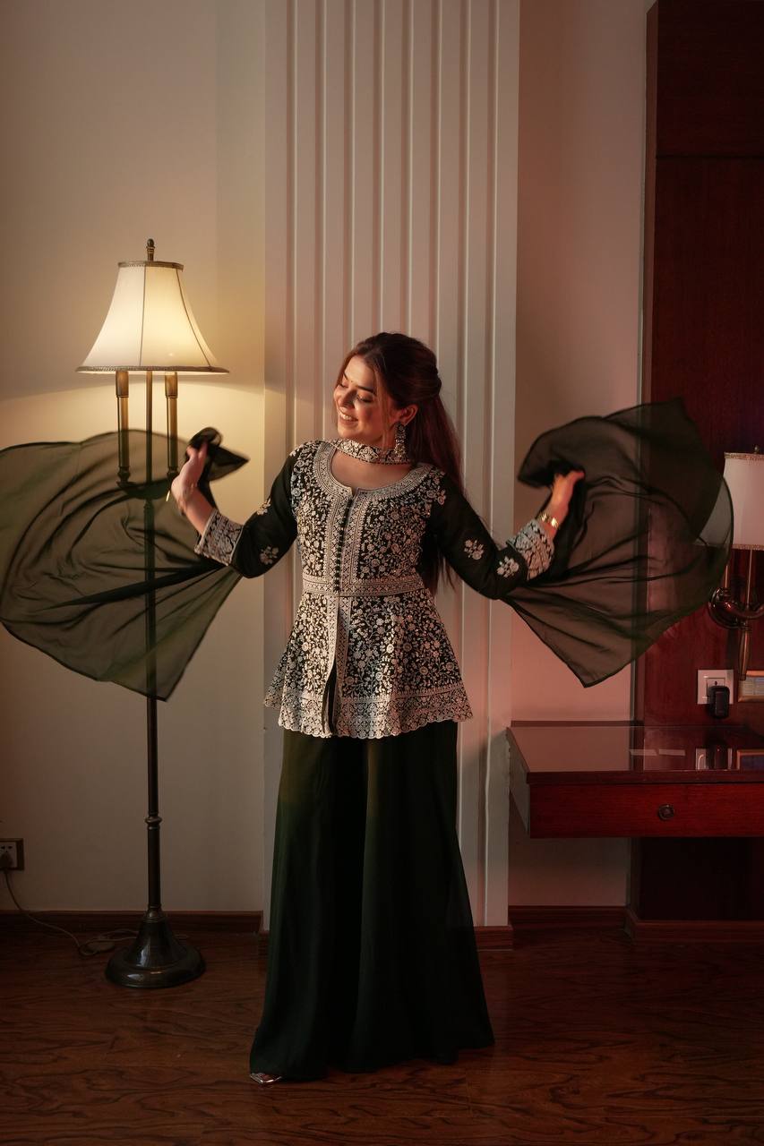 Green Georgette Embroidered Kurti Palazzo Set with Dupatta – Sequence Work Party Wear