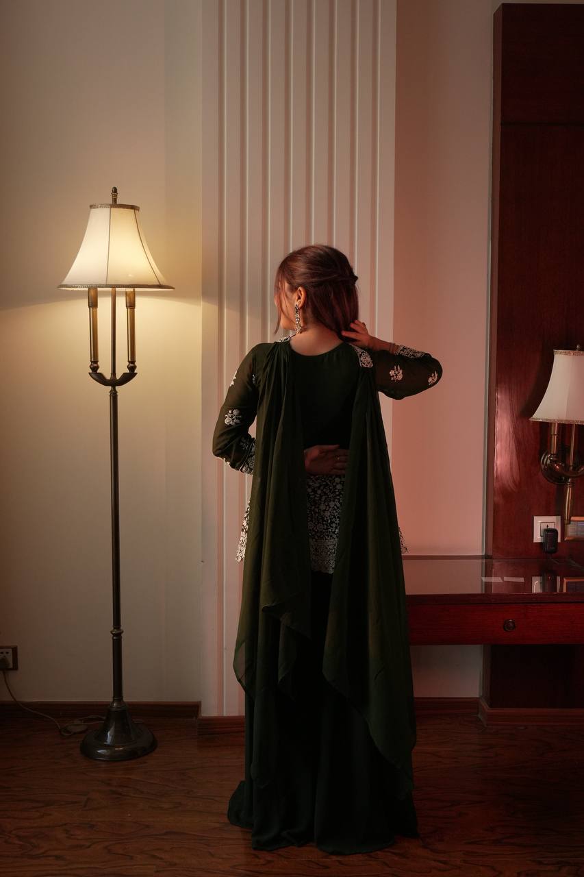 Green Georgette Embroidered Kurti Palazzo Set with Dupatta – Sequence Work Party Wear