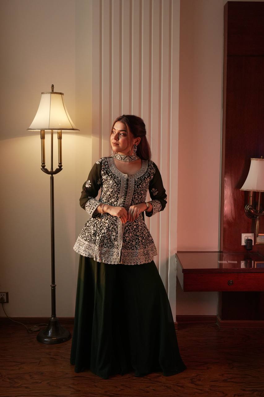 Green Georgette Embroidered Kurti Palazzo Set with Dupatta – Sequence Work Party Wear