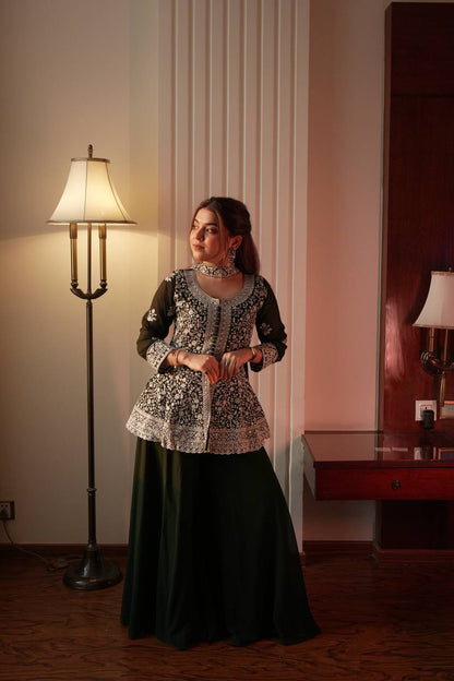 Green Georgette Embroidered Kurti Palazzo Set with Dupatta – Sequence Work Party Wear
