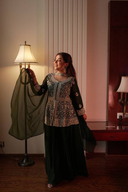 Green Georgette Embroidered Kurti Palazzo Set with Dupatta – Sequence Work Party Wear
