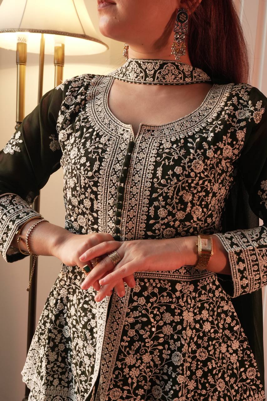 Green Georgette Embroidered Kurti Palazzo Set with Dupatta – Sequence Work Party Wear