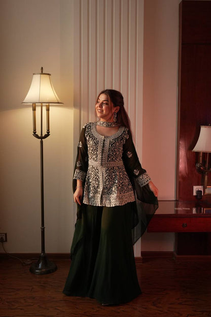 Green Georgette Embroidered Kurti Palazzo Set with Dupatta – Sequence Work Party Wear