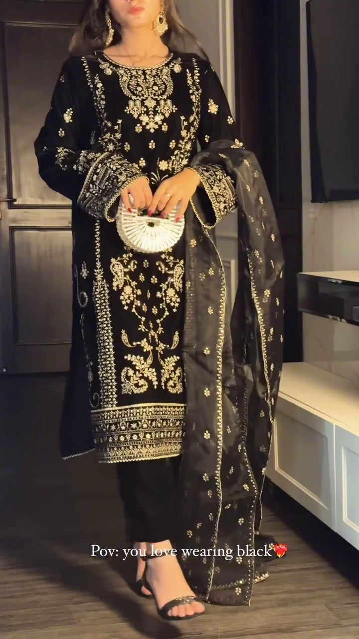 Black Embroidered Kurta Set for Women | Elegant Party Wear Kurti with Matching Bottom | Festive & Evening Wear