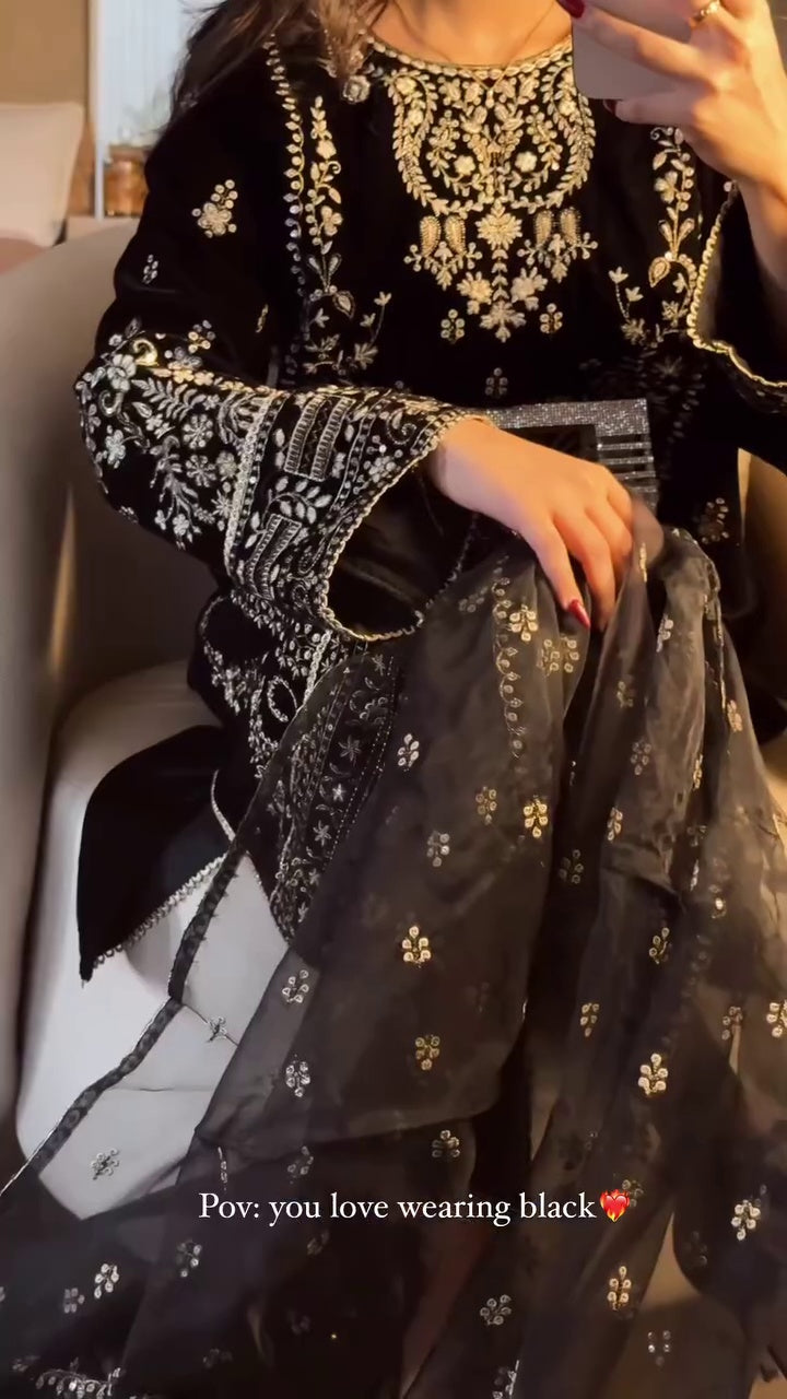 Black Embroidered Kurta Set for Women | Elegant Party Wear Kurti with Matching Bottom | Festive & Evening Wear