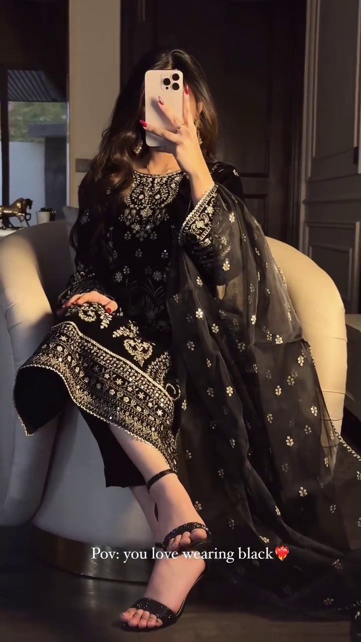 Black Embroidered Kurta Set for Women | Elegant Party Wear Kurti with Matching Bottom | Festive & Evening Wear