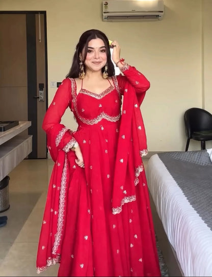 Elegant Red Georgette Anarkali Suit with Dupatta – Embroidered Festive Ethnic Wear