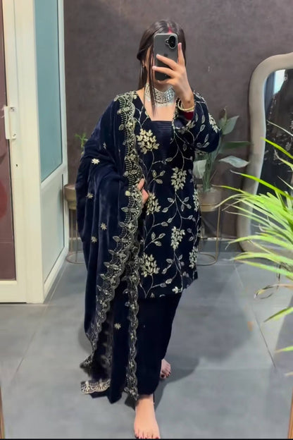 Luxury Velvet Embroidered Suit Set for Women | Pure Heavy Viscose Velvet with Multi Sequin Work & Dupatta