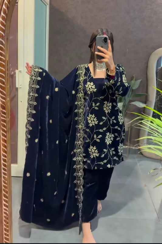 Luxury Velvet Embroidered Suit Set for Women | Pure Heavy Viscose Velvet with Multi Sequin Work & Dupatta