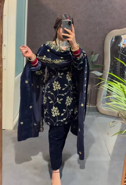 Luxury Velvet Embroidered Suit Set for Women | Pure Heavy Viscose Velvet with Multi Sequin Work & Dupatta