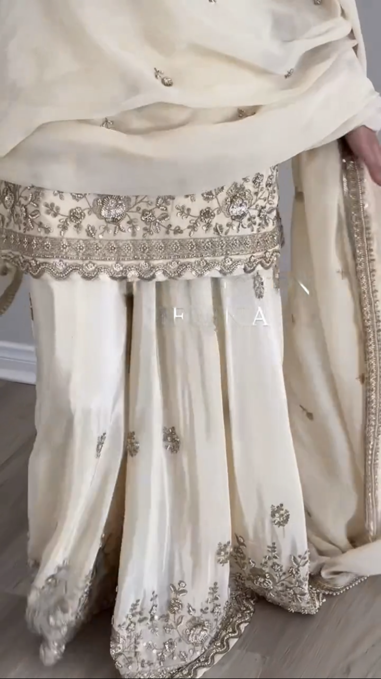 Ivory Embroidered Kurta Sharara Set with Dupatta – Elegant Festive Ethnic Wear for Women