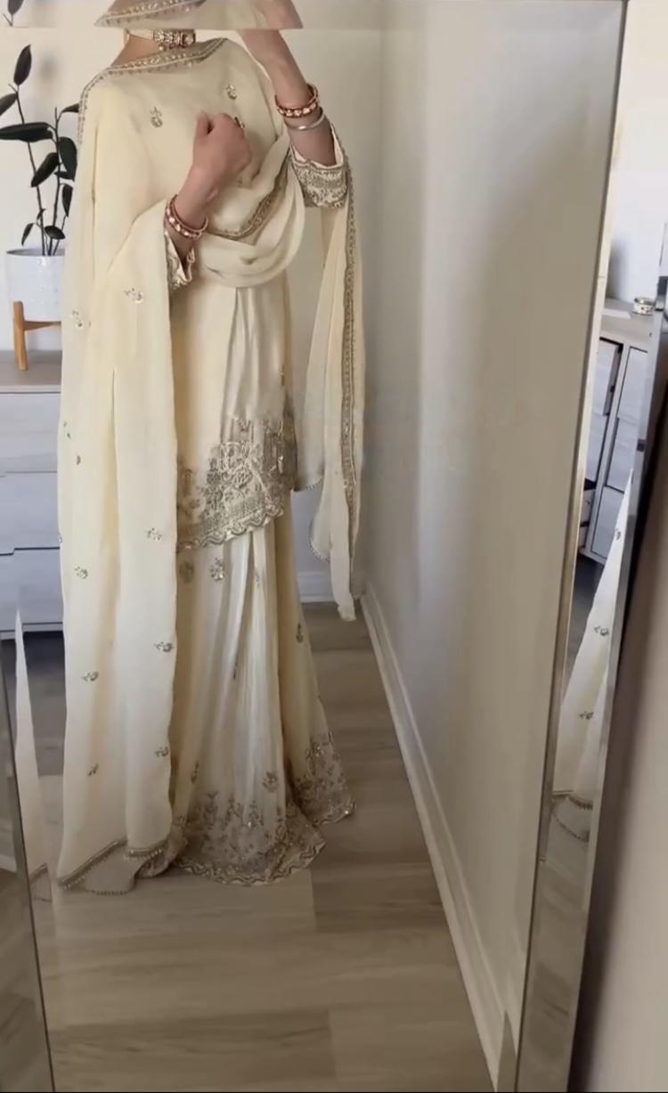 Ivory Embroidered Kurta Sharara Set with Dupatta – Elegant Festive Ethnic Wear for Women