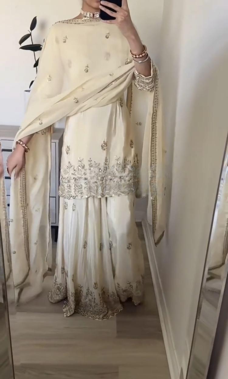 Ivory Embroidered Kurta Sharara Set with Dupatta – Elegant Festive Ethnic Wear for Women